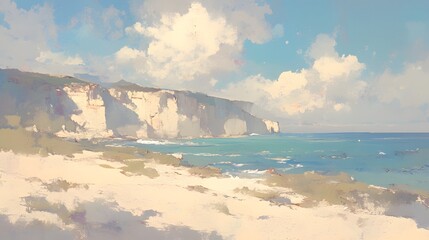 A serene beach scene showcases white cliffs meeting the turquoise ocean under a partly cloudy, light blue sky. The sandy shore leads towards gentle, lapping waves.