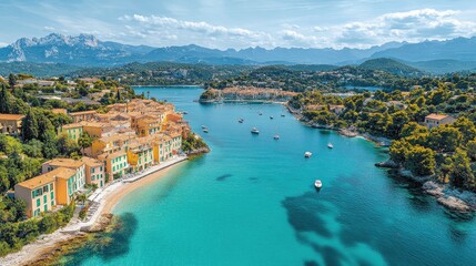 Fototapeta premium Coastal Town nestled in a Bay with Mountain Views