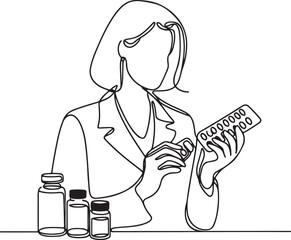 Female Pharmacist with Medicines – Simple Line Drawing Vector Art