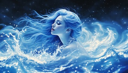Serene Blue Hair Woman in Ocean Waves Art Print