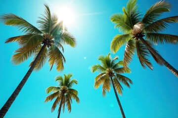 Obraz premium Tall palms against a cloudless azure sky, sunlight filtering through fronds , coast, sky