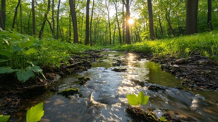 Obraz premium Sunset Serenity: A Forest Stream at Golden Hour AI Generated