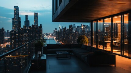 Obraz premium Modern balcony view overlooking vibrant city skyline at dusk
