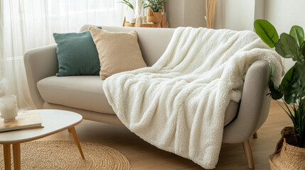 Fototapeta premium Fleece blanket in earthy tones draped over a cozy couch with a decorative pillow and fresh flowers in a warm living room setting