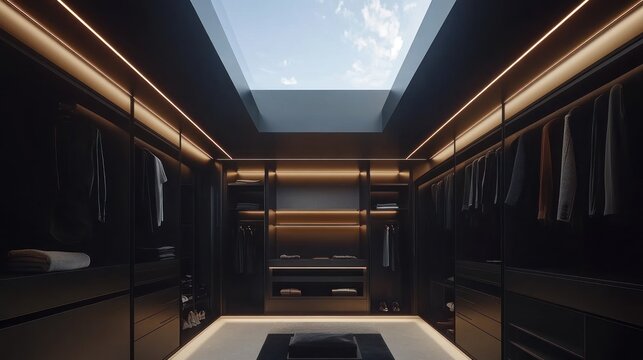 Modern walk-in closet, skylight, interior design, luxury home, clothing storage, minimalist, architecture - Powered by Adobe