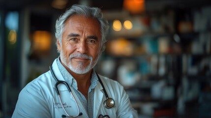 Fototapeta premium Mature hispanic male doctor in white coat with stethoscope smiling in medical office