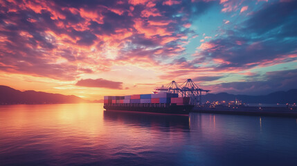 Container truck in ship port for business Logistics and transportation of Container Cargo ship and Cargo plane with working crane bridge in shipyard at sunrise, logistic import export and transport