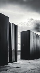 Naklejka premium Modern Black Gate with Clouds in the Background and Concrete Pathway