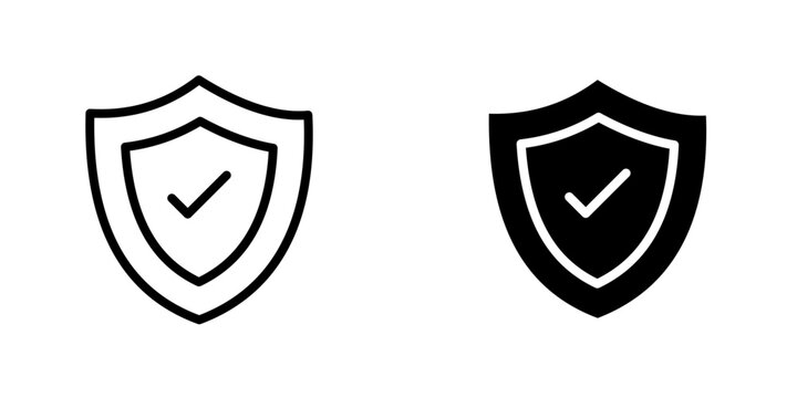 Shield check vectors icons set in filled and strokes on white background