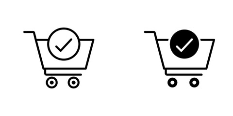 Shopping cart check vectors icons set in filled and strokes on white background