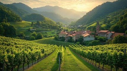 Fototapeta premium Picturesque Village nestled amongst Verdant Vineyards and Mountains