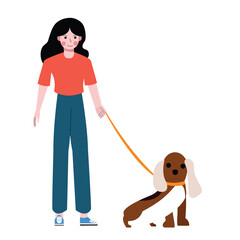 Woman with her pet dog. Run, walk and play with the dog. Flat design vector illustration isolated on white background