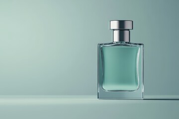 Elegant glass bottle of turquoise perfume displayed on a minimalist background with soft lighting
