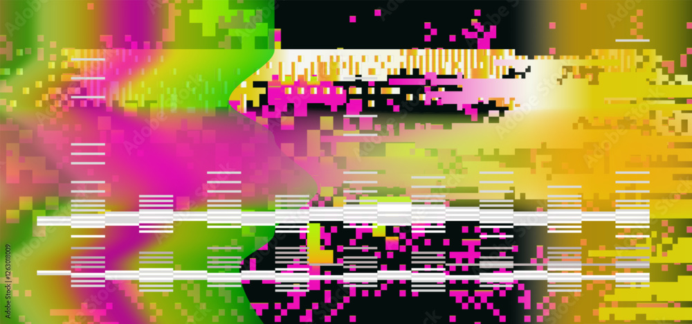Poster abstract bright retrofuturistic vector background with glitch art artifacts in holographic neon colo