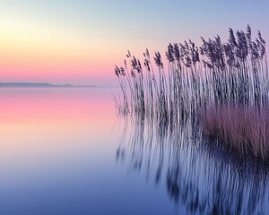 Obraz premium Calm lake sunrise, reeds reflecting, peaceful dawn, nature scene, serene wallpaper