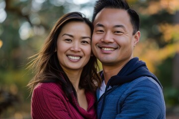 Obraz premium Portrait of a merry asian couple in their 30s smiling at the camera