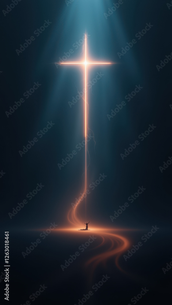 Poster a captivating christian-themed digital artwork with a cross radiating light on the left side and an 
