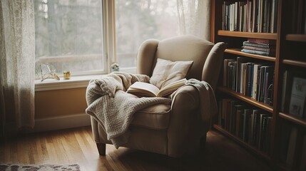 Cozy Armchair Beside Bookshelf With Open Book
