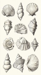 Vintage Shell Collection Illustration with Detailed Designs and Textures