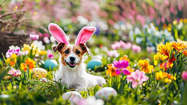 Playful dog with Easter bunny ears in vibrant easter garden