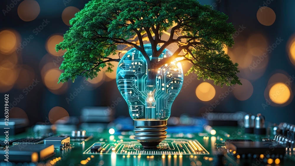 Poster a glowing lightbulb with a tree inside it, representing sustainability and innovation, surrounded by