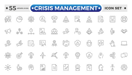 Crisis Management web icons in line style. Logistics, business process, maintenance, supply chain, improvement, planning, Audit, processing, operation collection. Editable stroke outline icon.
