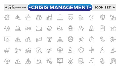 Crisis Management web icons in line style. Logistics, business process, maintenance, supply chain, improvement, planning, Audit, processing, operation collection. Editable stroke outline icon.
