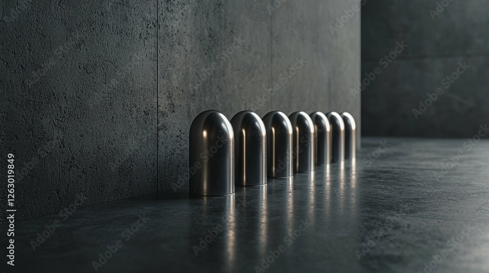 Poster metallic objects in a minimalist interior with dark background