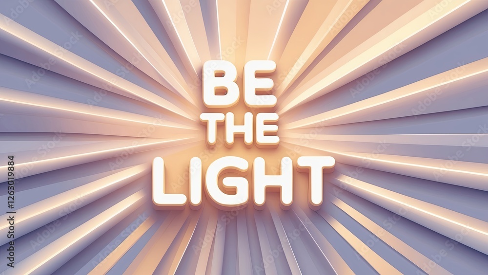 Poster inspirational graphic design featuring rays of light emanating from the phrase 'be the light' in a s