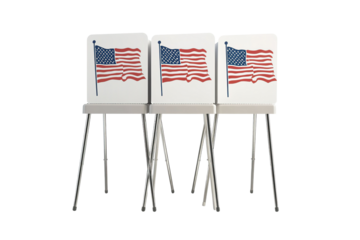 Three voting booths with a flag on them. ,on transparent background.