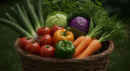 Fresh Vegetables in Wicker Basket Colorful Peppers, Carrots and Leeks