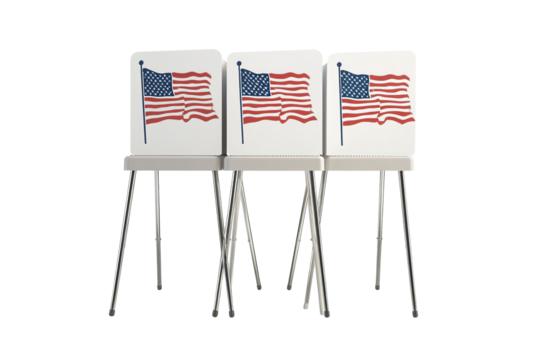 Three voting booths with a flag on them. ,on transparent background.