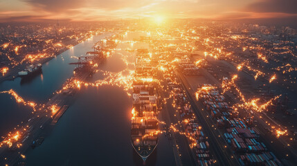 Container truck in ship port for business Logistics and transportation of Container Cargo ship and Cargo plane with working crane bridge in shipyard at sunrise, logistic import export and transport