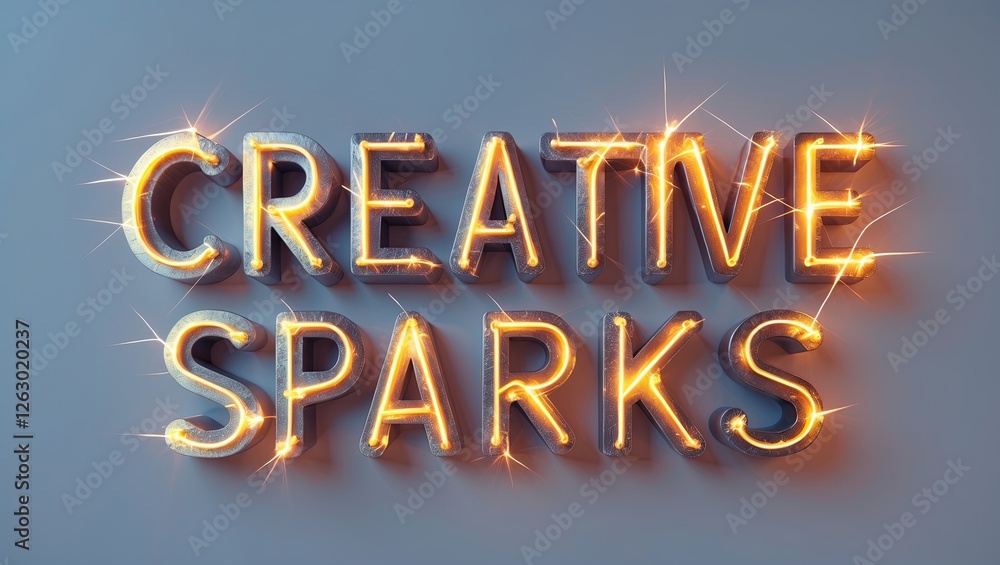 Poster illuminated text design featuring the phrase 'creative sparks' with shimmering effects on a gray bac