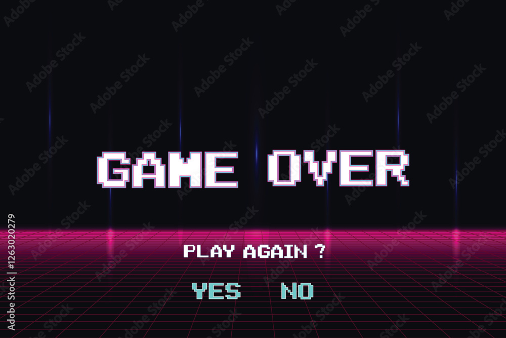 Aufkleber game over. play again. yes, no. pixel art. 8 bit game. retro game. for game assets in vector illustr