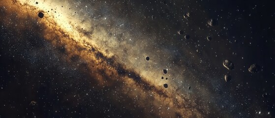 Fototapeta premium Dramatic Galaxy with Asteroid Field, Stars, and Cosmic Dust A Panoramic Space Scene.
