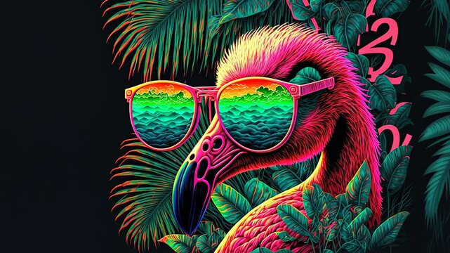 Colorful flamingo wearing sunglasses amidst tropical foliage with neon psychedelic vibes