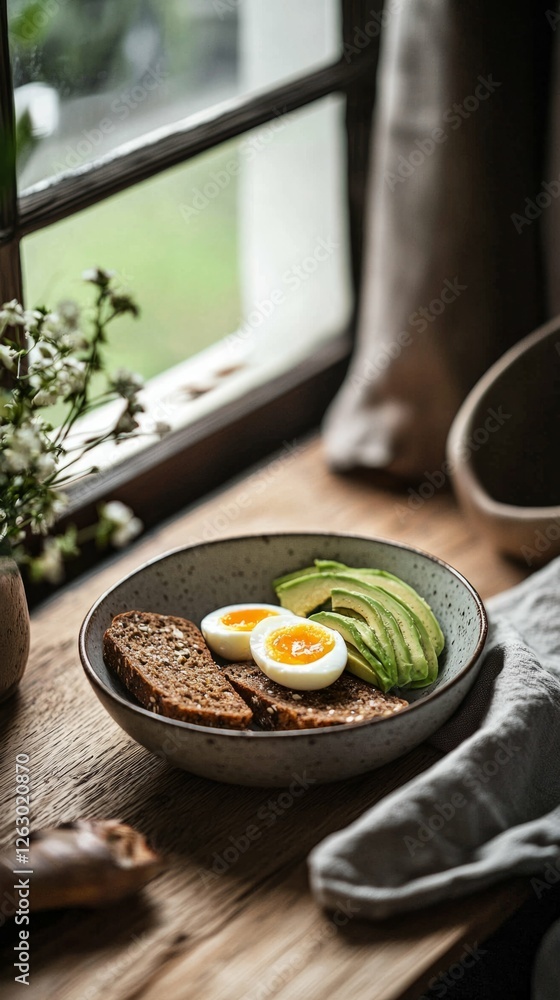 Poster fresh avocado toast with soft boiled eggs and rustic table setting