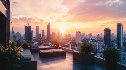 Fototapeta premium Scenic Rooftop View at Sunset Over an Urban Skyline with Clouds
