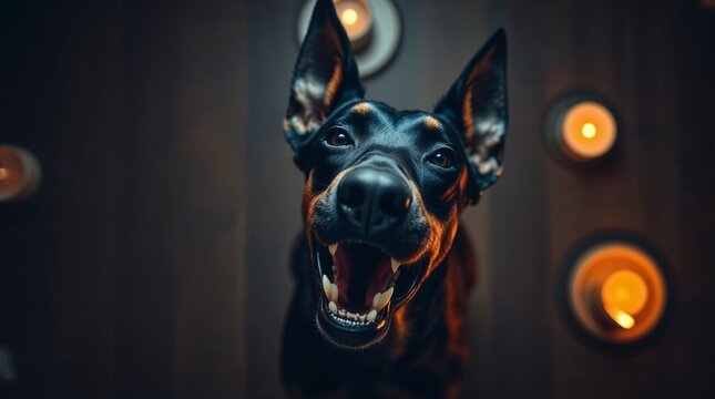 Doberman with intense gaze and candles in background.