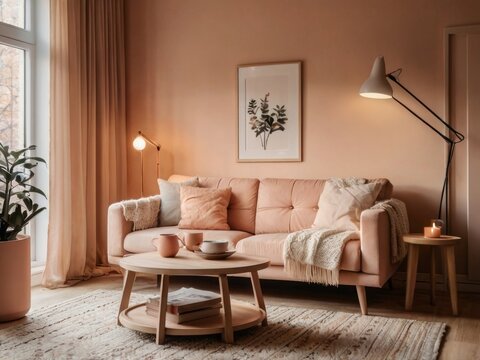 Fototapeta Cozy Living Room Interior Design With Peach Walls