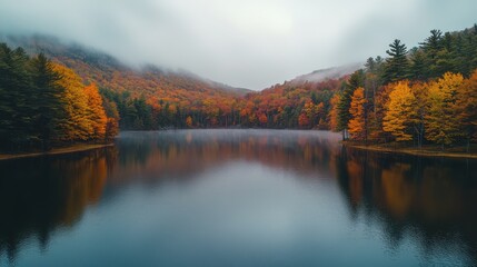 Obraz premium Serene mountain lake surrounded by autumn-colored trees and misty fog, creating a peaceful, natural escape.