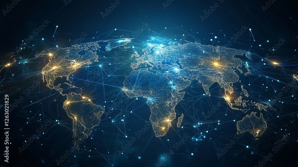 Poster global network connection. world map made of lines and dots. concept of communication, global busine