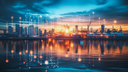 Container truck in ship port for business Logistics and transportation of Container Cargo ship and Cargo plane with working crane bridge in shipyard at sunrise, logistic import export and transport