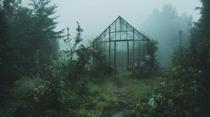 Abandoned Greenhouse Surrounded by Lush Vegetation and Foggy Atmosphere