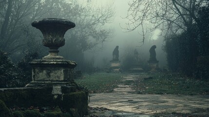 Mystical Foggy Garden Path with Statues and Stone Planters