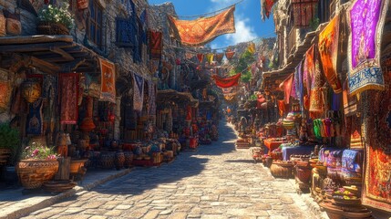 Obraz premium Colorful Carpets Hang In Sunny Stone Market Street