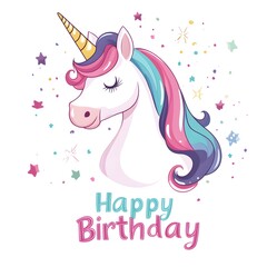 A cartoon unicorn with colorful mane and golden horn smiles serenely amid scattered stars and sparkles, with "Happy Birthday" text beneath on a white background.