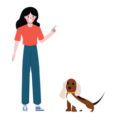 Women train dogs to sit, stay, and tame them. Flat design vector illustration isolated on white background