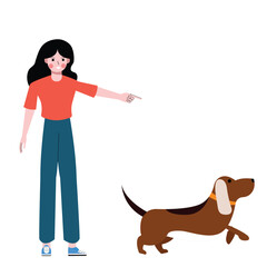 Woman training dog to run. Woman drives away dogs, tames dogs. Flat design vector illustration isolated on white background